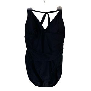 Lands End Womens Black One Piece Swimsuit Size 16 Side Ruching Halter Supportive
